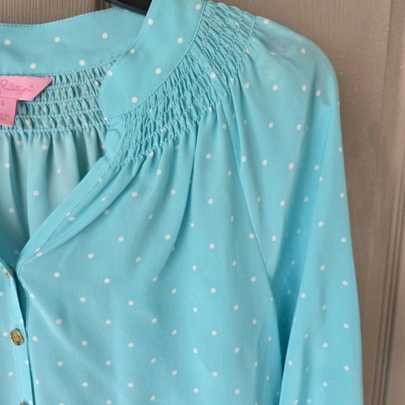 Lilly Pulitzer Elsa 100% Silk Tunic Sz S Popover PolkaDot Blue White Colorful - Picture 10 of 12
